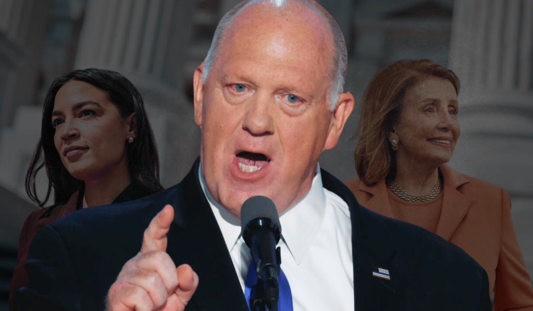 A graphic featuring a photo of an angry Tom Homan with photos of Nancy Pelosi and Alexandria Ocasio-Cortez in the background behind him.