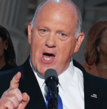 A graphic featuring a photo of an angry Tom Homan with photos of Nancy Pelosi and Alexandria Ocasio-Cortez in the background behind him.